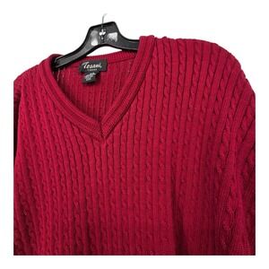 Vtg Tosani Canada Cable Knit V-neck Sweater Mens LG Red Preppy Academia Classic